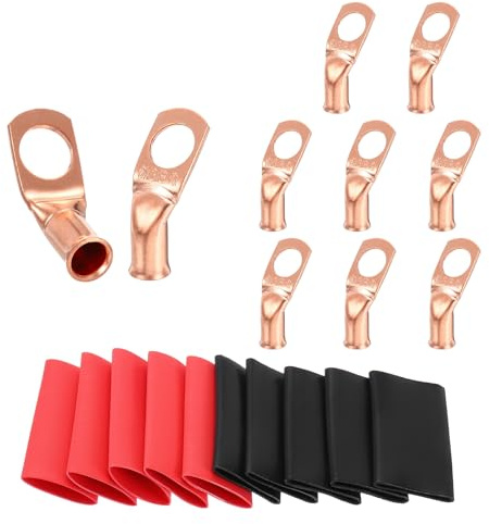 sourcing map 10 capicorda in rame curvato a 45°, 6 AWG, terminali per batteria da 6 gauge da 3/8, connettori terminali ad anello con 10 tubi termorestringenti 3:1 nero e rosso
