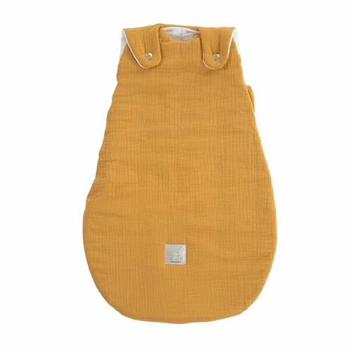 TRÄUMELAND Babyschlafsack aus Musselin senfgelb, atmungsaktiv, leicht & hautfreundlich, mitwachsender Ganzjahres-Babyschlafsack mit integrierter Belüftung, 2.5 TOG, Öko-Tex 100 zertifiziert
