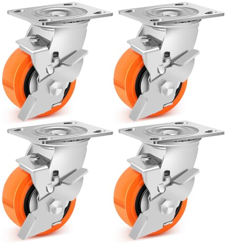 Humagineer 100mm Poliuretano Ruote per Carrello con Freno, Industriali Ruote per Carichi Pesanti Capacità 1100 Kg, Silenzioso, Resistente all'Usura per Banchi Da Lavoro, Carrelli, Macchine, Set Di 4
