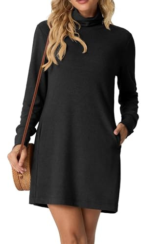 GRECERELLE Womens Turtleneck Mini Dress Long Sleeve Mock Neck Classic Basic Everyday Dresses for Autumn Winter with Pockets