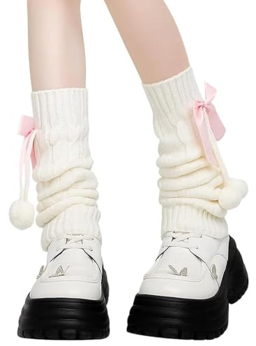 Fjquamitix Scaldamuscoli per ragazze adolescenti e donne Y2K carino fiocco e pelliccia design morbido lavorato a maglia lunga Lolita Kawaii calzini alti al ginocchio polsini elastici per cosplay feste