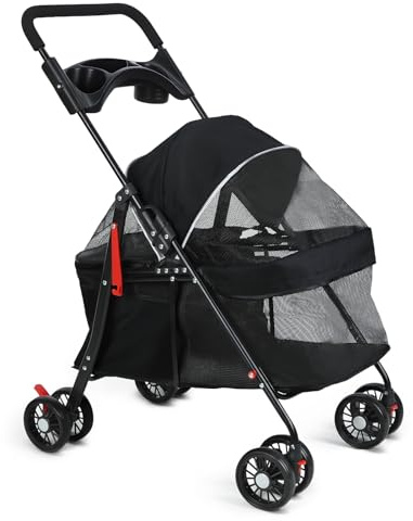 2-in-1 Hundebuggy bis 15 kg – Hundewagen & Katzenwagen klappbar mit Feststellbremse, Getränkehalter & Stauraum, Faltbarer Hunde Buggy für Reisen & Spaziergänge