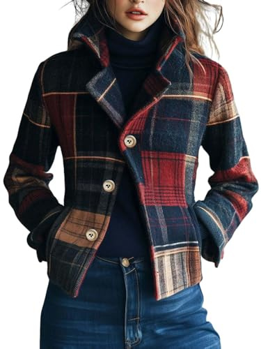 Generisch Veste courte pour femme en laine mélangée à carreaux Blazer cropped et design paon Veste courte d'hiver comme vêtement d'extérieur, bleu marine, M
