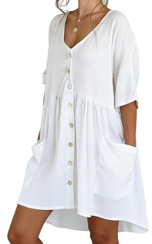 EOAMGO Beach Cover Ups for Women UK, Cotton Slub Beach Dresses with Pockets,Sarongs for Women Beachwear,Single Row Buttons Beach Dress, Beach Coverup for Seaside Vacation (White)
