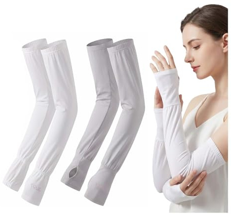 NT-ling 2 Pack White and Gray Cooling Arm Sleeves for Women, Summer Ice Silk UV Protection Sleeves, Loose Fit Extra Long Sun Arm Sleeves for Driving, UPF 50+ for Outdoor Sports