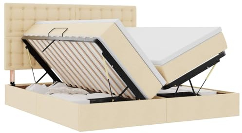XHNIFBN Creme Kunstleder Bett 180x200 cm mit Hydraulik-Lift Stauraum, Metallrahmen & Matratze, mittelfest, max. 280 kg, Super King Size für modernes Schlafzimmer