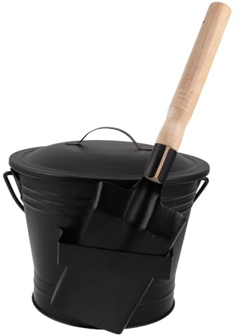 GARVALON Kit de Herramientas para Cenizas con Cubo de Hierro y Madera Negro, Construcción Resistente al Calor y Mango Antideslizante para Fogatas y Quemadores de Pellets