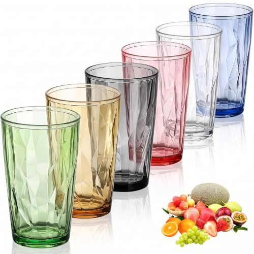 Set di 6 bicchieri da acqua in plastica, 490 ml, colorati, riutilizzabili, in acrilico di alta qualità, per bevande fredde e calde, impilabili, per picnic, campeggio, feste (490 millilitri)