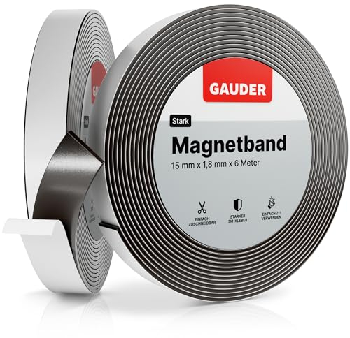 GAUDER Cinta Magnética Autoadhesiva - Banda Magnética Flexible Recortable para Manualidades, Organización y Decoración (6 m x 15 mm) - Imán en Tira