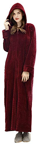 Hellomamma Long Hooded Zipper Bathrobe for Womens Flannel Fleece Robes Winter Warm Housecoat Nightgown Sleepwear Pajamas Wine Red L-XL
