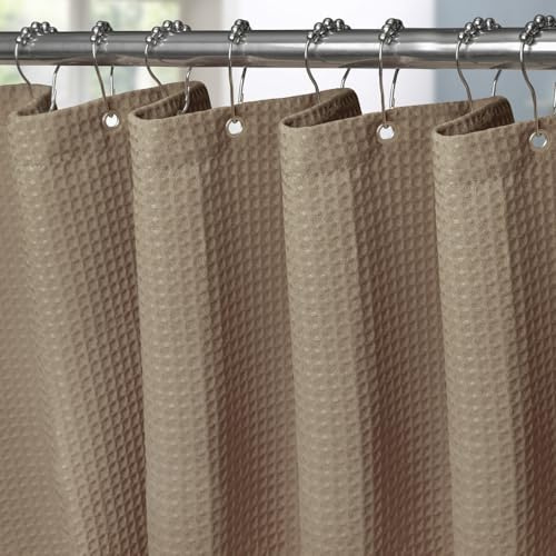 Waffel Duschvorhang mit Metall Duschvorhangringe Stoff Textil Badewannenvorhang Anti Schimmel Bad Vorhang Set Wasserdicht Badewanne Vorhang Schwerer Shower Curtain Badezimmer - 182 x 182cm (Khaki)