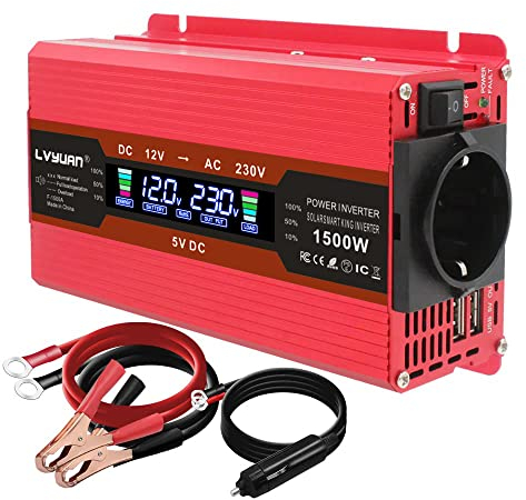LVYUAN Convertisseur 12V 220V 230V 1500W DC à AC convertisseur de Puissance Voiture Onduleur Transformateur, LCD Display