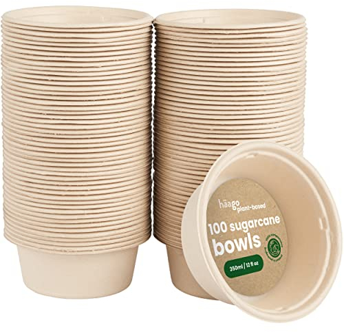 HAAGO - 100 Cuencos Desechables de Caña de Azúcar para Aperitivos Ecológicos, Vajilla Biodegradable Perfectos para Reuniones, Celebraciones,Eventos de Grupo y Fiestas - Cuencos Desechables - 350ml