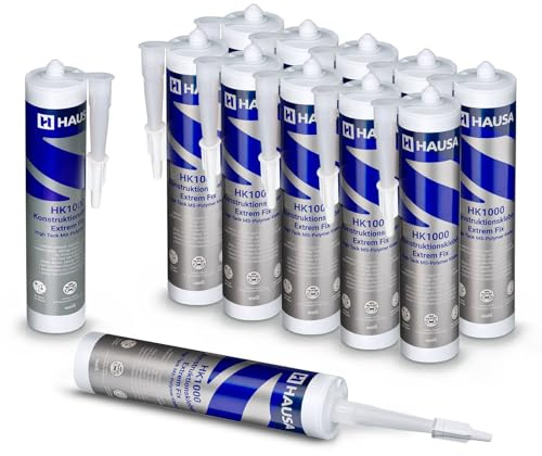 HAUSA Colle de construction HK1000 Extrem Fix Extrêmement forte et rapide Colle de montage professionnelle pour tout intérieur et extérieur Montage simple solide et rapide 12x 290ml Blanc