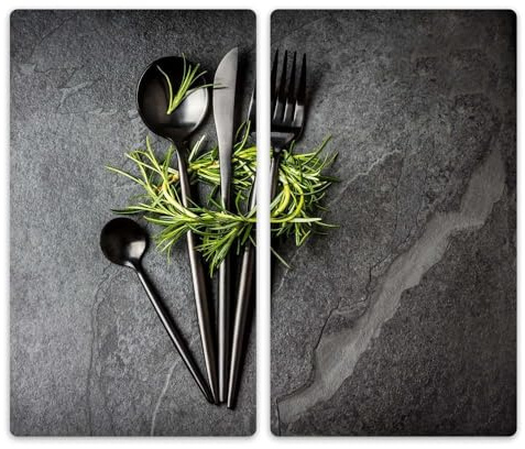 Herdabdeckplatte Abdeckung Ceranfeld Abdeckplatte Schneidebrett 2-Teilig 60x52 Kräuter Besteck Grau Spritzschutz Glasplatte Ceranfeldabdeckung Herdschutz Sicherheitsglas Glasschneidebrett 2x30x52