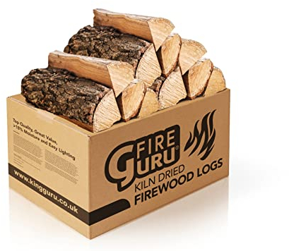 Fire Guru Logs for Fire Pit, 20kg Boxed Firewood Kiln Dried Hardwood Under 20% Moisture. Ideal For Pizza Ovens, Chiminea, BBQ Wood Burner. 25cm Ready To Burn Fire Logs (Oak)