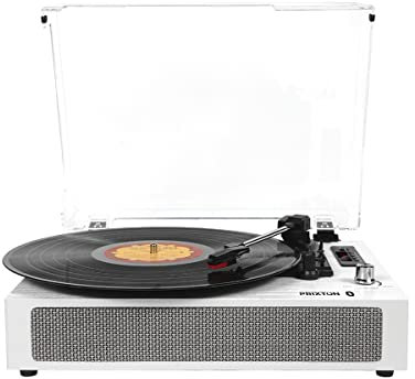 PRIXTON Studio Deluxe - Tocadiscos de Vinilo Vintage Reproductor de Vinilo y Reproductor Bluetooth USB Tarjeta SD y Radio, 2 Altavoces, Tapa Antipolvo, Blanco (Reacondicionado)