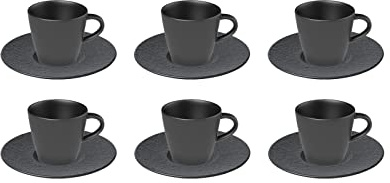 Villeroy & Boch Manufacture Rock Mokka- / Espressotassen mit Untertassen, 6er Set, 60 ml, Hochwertiges Geschirr in Schiefer-Optik, Premium Porzellan, Spülmaschinen- / Mikrowellengeeignet, Schwarz