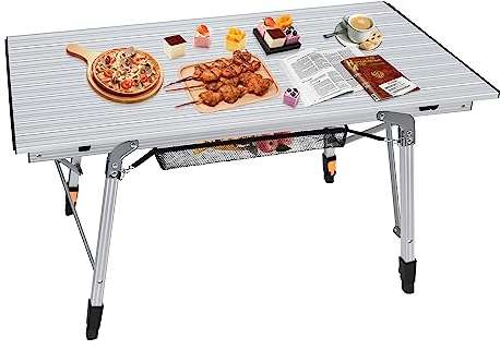 UISEBRT Campingbord, fällbord av aluminium, trädgårdsbord, vikbord, lätt med höjdjusterbara ben, hopfällbart resebord inkl. bärväska, 90 x 52 cm (Silver)