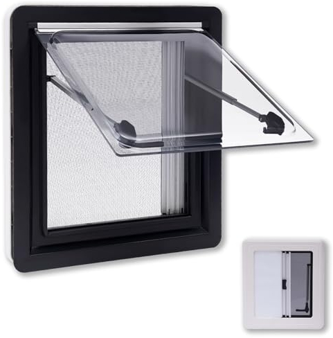 BJTDLLX Wohnwagenfenster Ausstellfenster Camper 45x50cm Wohnwagen Fenster Wohnmobil Fenster RV Klappfenster Externes Push Fenster mit integriertem Rollo und Fliegengitter | EU Stock