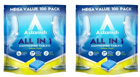Astonish All In 1 Powerful Cleaning Dishwasher Tablets with Salt and Rinse Aid, Mega Multipack of 200 Tablets (2 x 100), Lemon Fresh