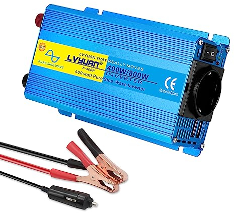 LVYUAN 400W/800W Reiner Sinus Wechselrichter DC 12V auf 230V AC Spannungswandler mit 1 EU AC Steckdose 2 USB Ports