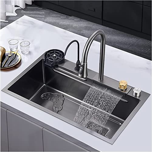 Spülbecken für zu Hause, Küchenspülen, Küchenspüle, schwarzes Spülbecken aus 304 Edelstahl für einen Waschraum, Aufsatzwaschbecken-Arbeitsplatz mit herausziehbarem Wasserhahn, Druckbecherspü