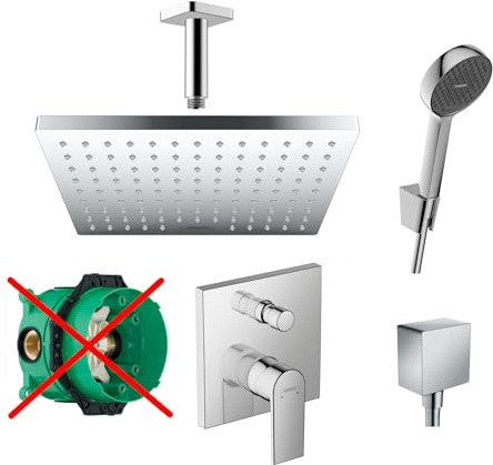 Hansgrohe Duschsystem Unterputz mit Duscharmatur Hansgrohe poliert HGK02-ob | Duscharmatur von Hansgrohe Vernis Shape Einhebelmischer und Hansgrohe Regendusche Duschkopf eckig, Dusch-SET poliert