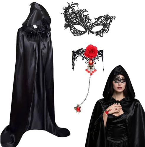 Winwild Schwarzer Umhang mit Kapuze,3er Halloween Umhang Kostüm Damen Set,140cm Vampir Cape mit Maske & Gothic Finger Kette,Satin Cape Halloween Kostüm Vampir Erwachsene
