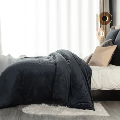 Soifox Warm Winter Flannel Duvet Cover Set Double, Dark Grey Crushed Velvet Duvet Cover Double Bed with 2 Pillowcases, Non Iron Soft Luxury Quilt Cover Bedding Set with Zipper Closure, 200x200