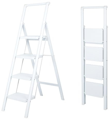 UZIRO Escalera Plegable 4 Peldaños, Liviana y Compacta, Diseño Decorativo, Peldaños Anchos Antideslizantes, Ideal para Uso en Hogar, Cocina y Oficina, Fácil de Guardar y Transportar, Alta Durabilidad