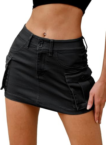 ELLEVEN Hoher dehnbarer Denim-Cargo-Skort für Damen, hohe Taille, lässiger Mini-Y2K-Jeansrock-Shorts mit Taschen, Schwarz, Mittel