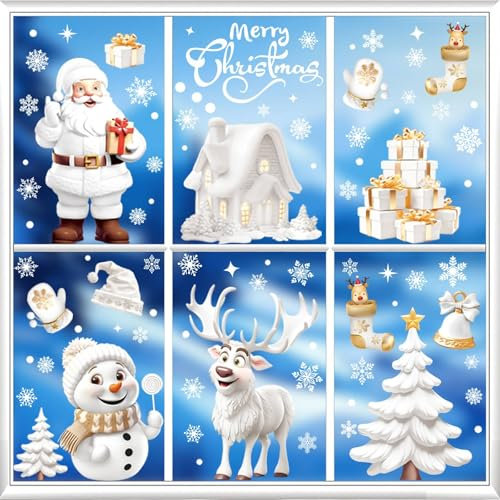 Aonveki Vetrofanie Natalizie per Finestre, Visuale 3D Adesivi Natalizi per Finestre Riutilizzabili, Addobbi Natalizi per la Casa, Doppio Lato Babbo Pupazzo di Neve Renne per Decorazioni Natalizie