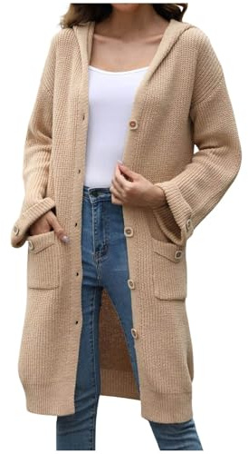 KBOPLEMQ Chaqueta de punto para mujer, ligera, larga, con bolsillos y botones, manga larga, fina, informal, con frente abierto, punto grueso, a prueba de viento, cárdigan monocolor, cuello en V,