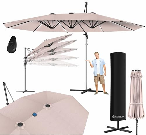 KESSER® Sombrilla, 4,6m x 2,7m Sombrilla - Cubierta y Protección Contra el Viento, Con Manivela y Soporte, Aluminio, Hidrófuga, Inclinable - Inclinable, Orientable 360°, Topo - Con LED