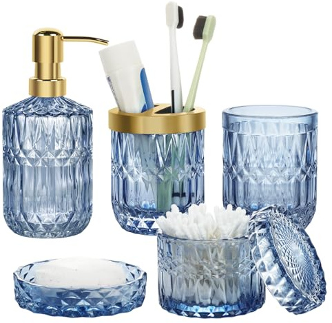 5-teiliges Badezimmer-Set aus Glas, Stilvolle Badezimmer-Deko mit Seifenspender, Zahnbürstenhalter, Wattepad-Halter, Becher, Seifenschale für Waschtisch, Badezimmer(Blau)