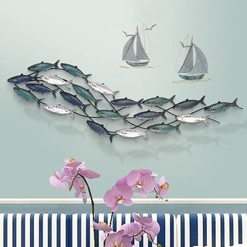 Wanddekoration aus Metallfischen, großer Schwarm aus 20 Fischen, Wandkunst, Metallsegelboot, 3D-Schiffs-Wandskulpturen, handgefertigtes Boot, hängendes Ornament, Heimdekoration