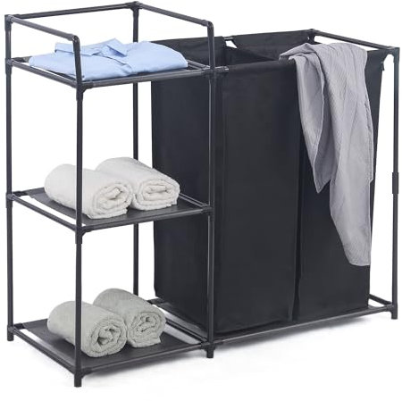 Herzberg,HG04531, Wäschesortierer mit 2 abnehmbaren Säcken, ergonomisches und ästhetisches Design, robuster Stahlrahmen, leicht zu montieren, ideal zum Sortieren, Farbe: Schwarz