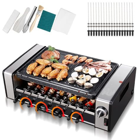 Olla Eléctrica Kebab Grill, 1500W Mesa Interior Con Rotación Automática Sartén De Doble Capa Con 18 Tenedores Para Asar, Ajuste De Temperatura De 3 Niveles, Parrilla Grande Para Fiestas Sin Humo