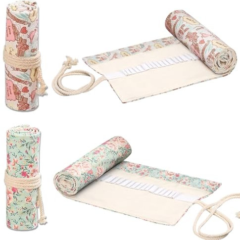 2 Stück Rollmäppchen Leinwand Bleistift Wrap, 36 Löcher Stifte Mäppchen Rolle, 20cm Leinwand Stifterolle Rolle, Stifterolle Rollmäppchen, Pinselrollen Beutel Segeltuch für Aquarellstifte, Bleistifte