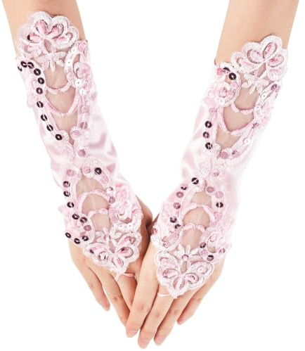 GORGECRAFT 2Pcs Lace Fingerless Long Gloves 28cm Sequins Lolita Glove Wedding Bridal Dress Gloves Opera 1920s Party Paillette Embroidery Floral Glove Prom for Women Ladies Brides Cosplay Pink