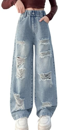 Maeau Kids Jeans Elastic Waist Girls Wide Leg Ripped Jeans Washed Denim Baggy Jean Trousers with Pockets 5-14 Years