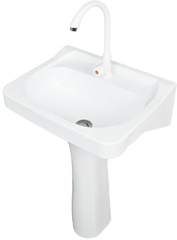 Plastic Pedestal Sink small Bathroom Pedistal Sinks Set 19.6x15.3x31.5H No-Drill Installation Self-Adhesive Wash basin with Faucet Hole for Lavatory Room Column Wash Basin Rv Sink for Home Garage