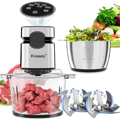 Elektrischer Multi-Zerkleinerer mit LED-Display, Universalzerkleinerer mit 3 Geschwindigkeiten, 2 Schüsseln und 2 Sätzen mit zweistufigen Klingen, 500W Fleisch und Gemüsewolf für Fleisch (QJ1)