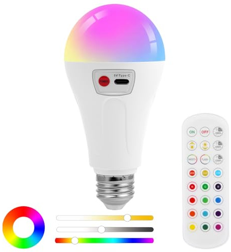 AUAUY Bombilla Recargable USB, E27 Bombilla con Mando, 2000mah | RGB LED Color Regulable a Pilas de 2000mah, 3 Temperaturas, 12 Colores Luz Emergencia para Hogar y Exterior