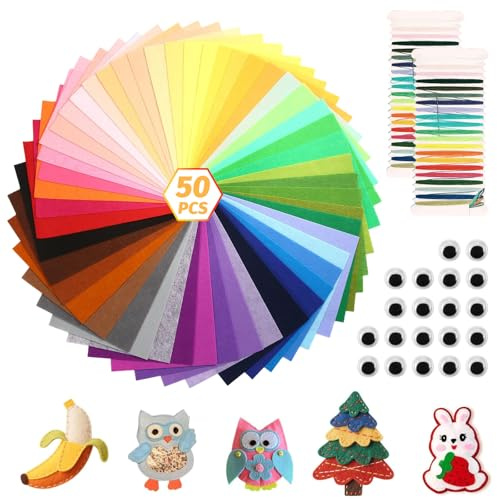 Hnjindong 50 Farben Bastelfilz 20X30CM Filzstoff, Filz zum Basteln mit Nähzubehör Farbig Filz Blätter, Kinder Vliesstoff Stoff Filzplatten für DIY Handwerk, Nähen Manual Decoration