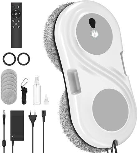 Robot Limpiacristales, 8000Pa Robot Limpiador de Ventanas Automático con Doble Pulverizador de Agua, Control Remoto, Navegación Inteligente, Detección de Bordes, 6 Trapo, para Las Superficies Lisas