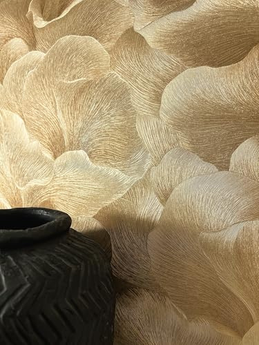 Newroom Vliestapete Gold Blumen Blumentapete Wohnzimmer | schimmernde Metallic-Highlights changierend, feine Prägestruktur 3D, Wandtapete Mustertapete luxuriös, Esszimmer Flur