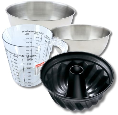 Zenker 9375450 Set pâtisserie Moule à Kouglof 25 cm, Antiadhésif Teflon, Gâteau Alsacien, Brioches, 2 Bols à Mixer en Acier Inox 20,5 et 25 cm, Verre Mesureur Plastique 1 L, Spatule Silicone, Noir