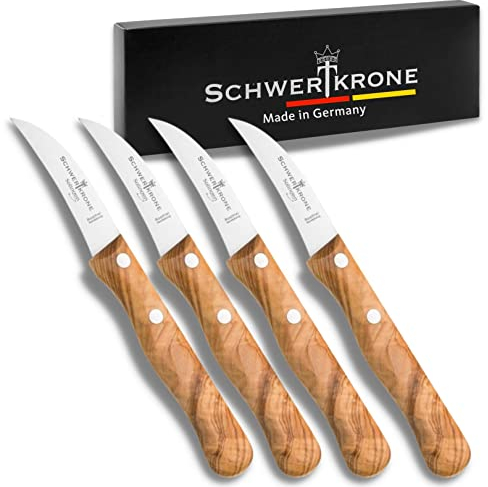 SCHWERTKRONE® Schälmesser gebogen Premium 4er Set [MADE IN SOLINGEN - GERMANY] - Gemüsemesser Obstmesser - Küchenmesser klein scharf - Schneidemesser Kartoffelschälmesser - Allzweckmesser (4x 15,5 cm)